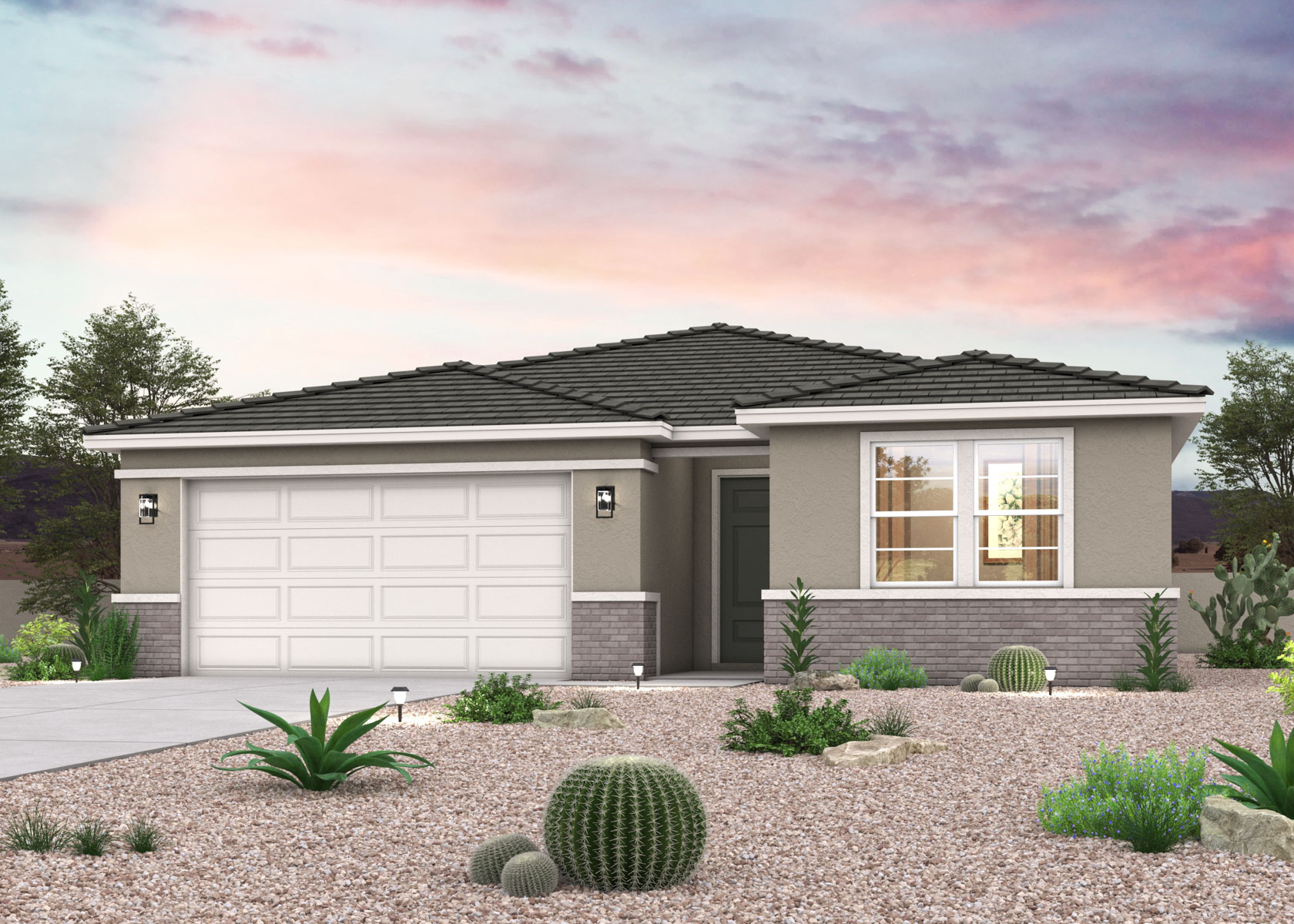 Twilight rendering of front of home with 2 car garage and bushes in Surprise, AZ
