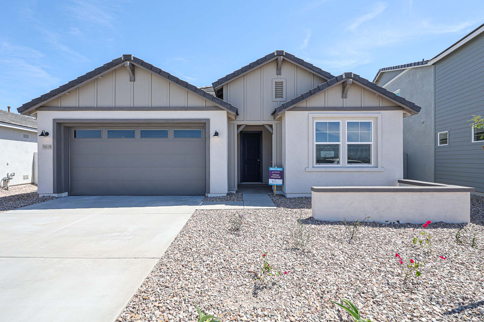 A building with a garage.