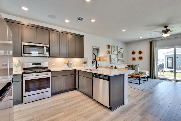 A kitchen with black cabinets.