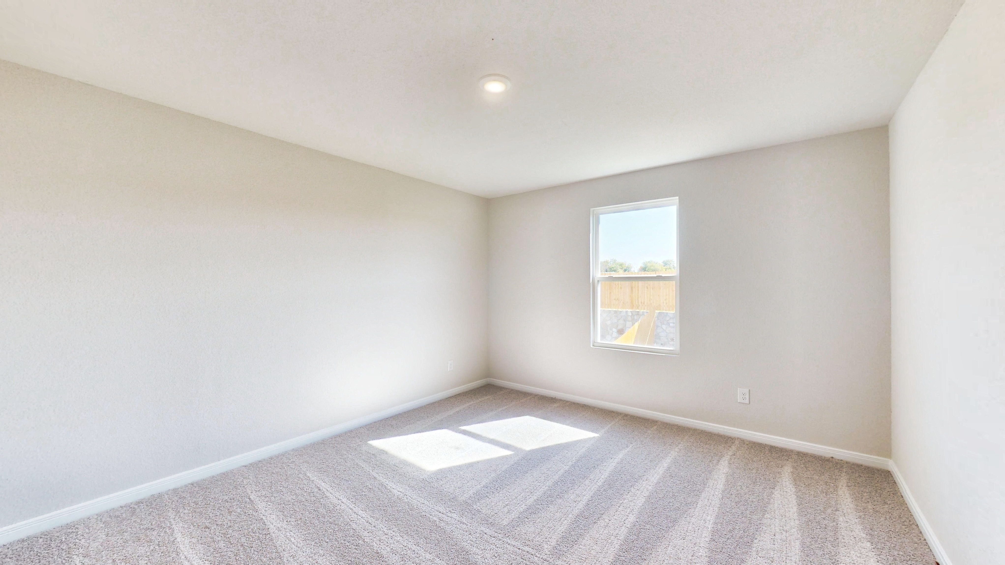 A room with a window and a rug.