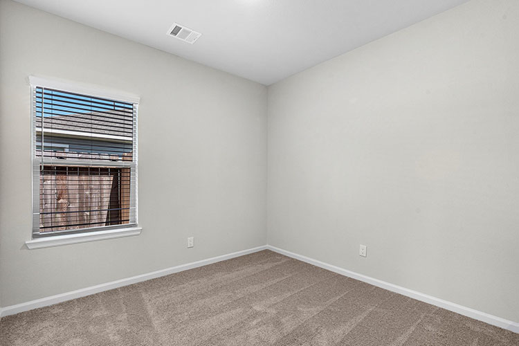 A room with a window and a rug.