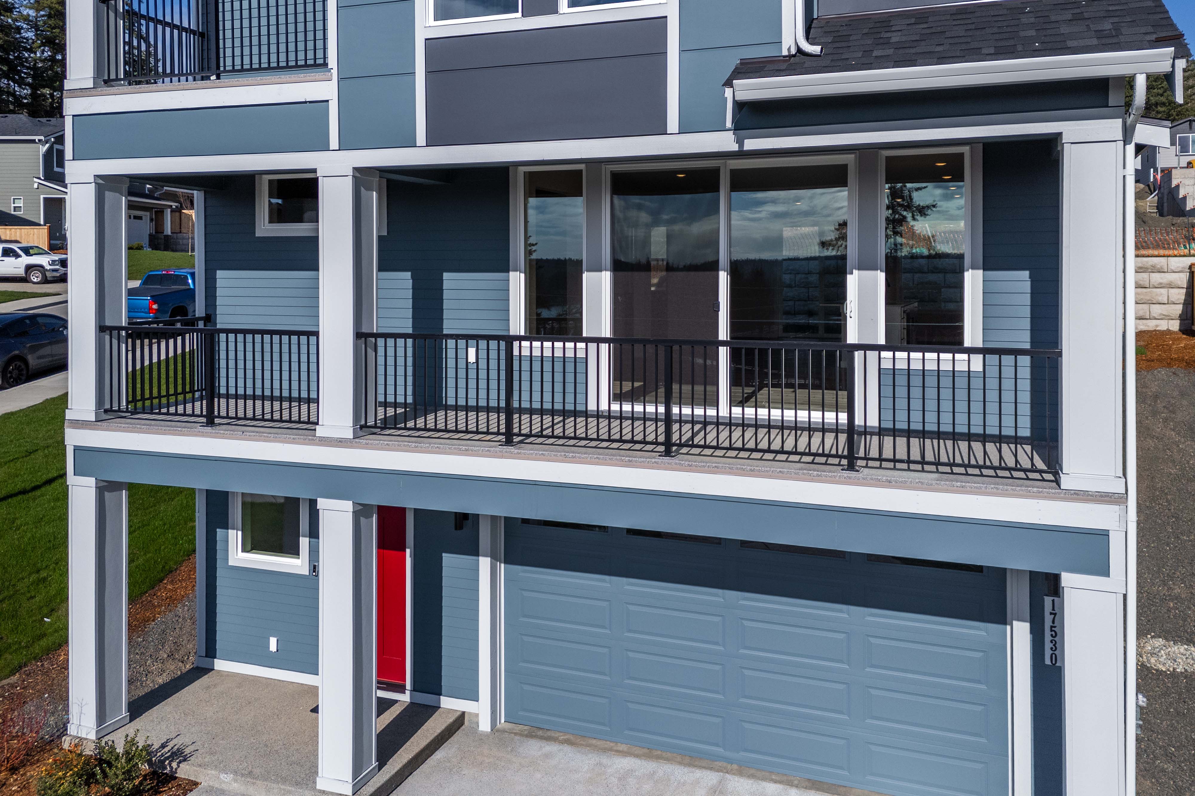 A building with a deck.