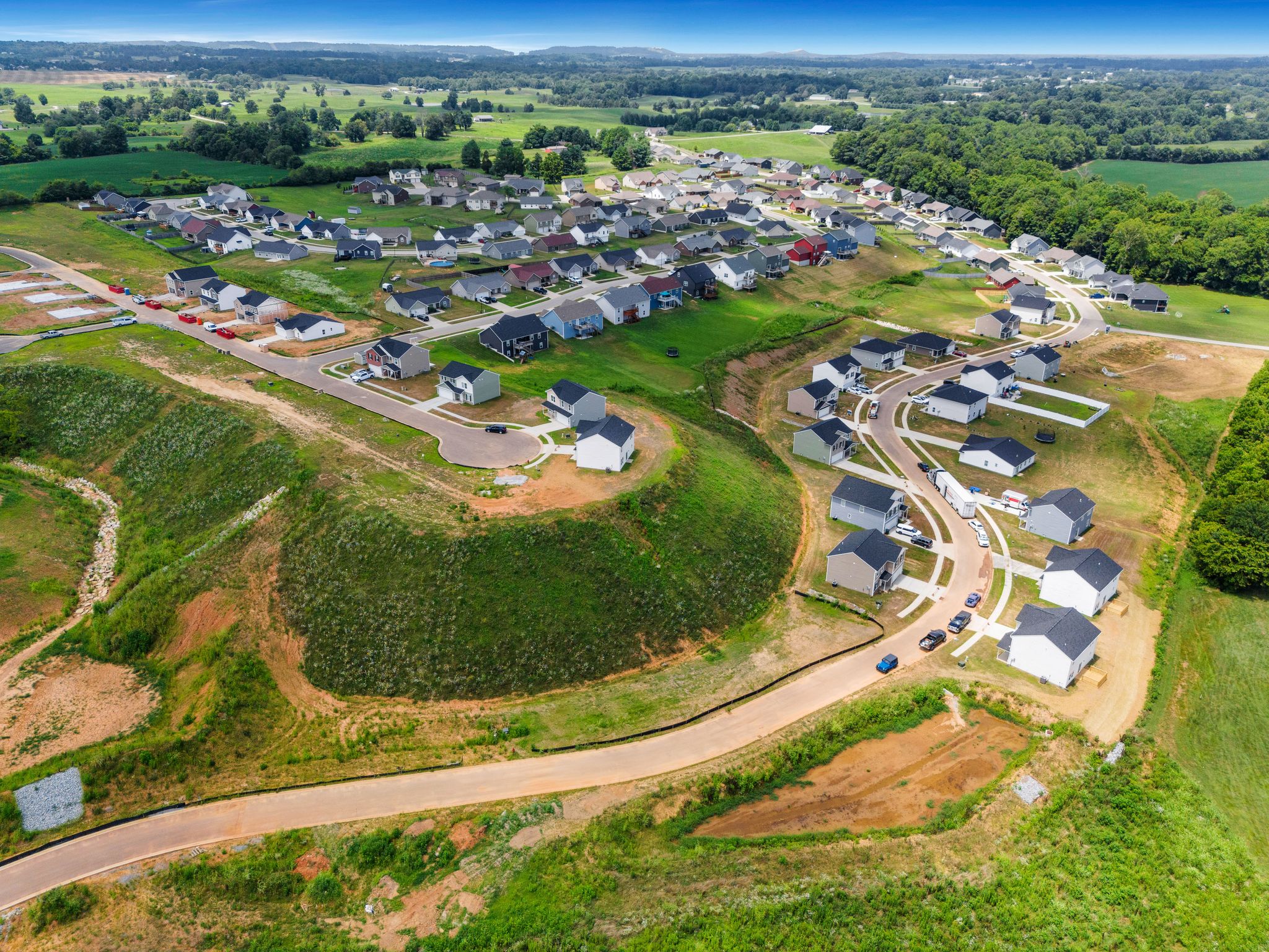 A small town with many houses.