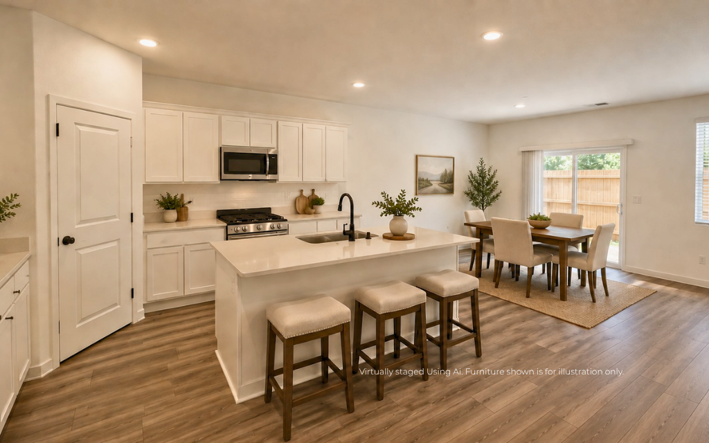A kitchen with a table and chairs.